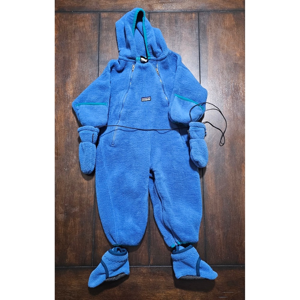 Vintage Patagonia Synchilla Fleece Bunting‎ Blue 12M Snowsuit Booties Mittens
